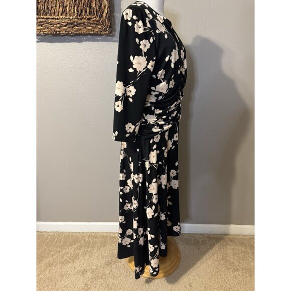 Maggy London Midi Dress 14 Black Pink Ivory Floral Ruched 3/4 Long Sleeve NEW - Picture 15 of 16